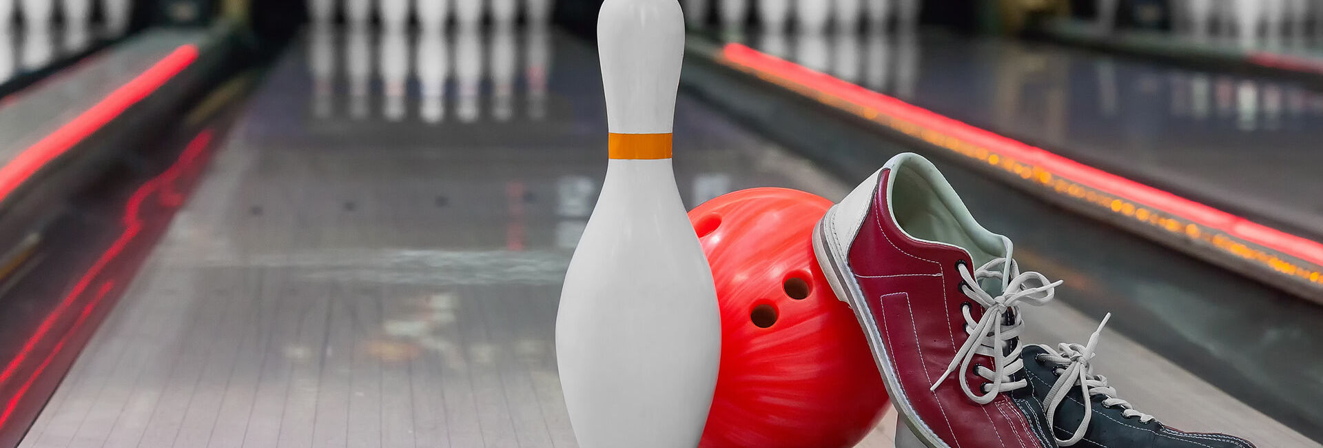 Bowling lane, bowling ball, bowling shoes, bowling pin